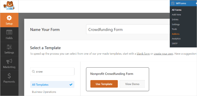 Selecting a crowdfunding form template in WPForms Selecting a crowdfunding form template in WPForms