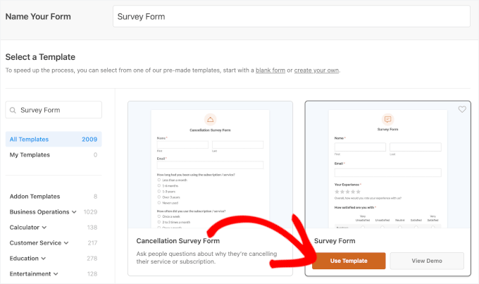 Select survey form template