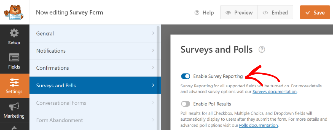 Enable survey reporting option