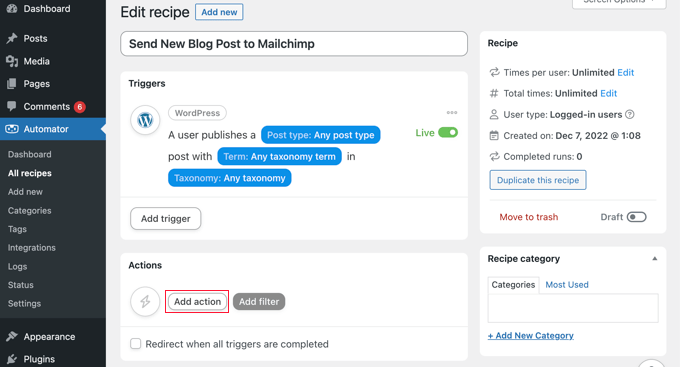 Clicking the Uncanny Automator 'Add action' Button Clicking the Uncanny Automator 'Add action' Button