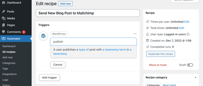 Selecting an Uncanny Automator WordPress Trigger Selecting an Uncanny Automator WordPress Trigger