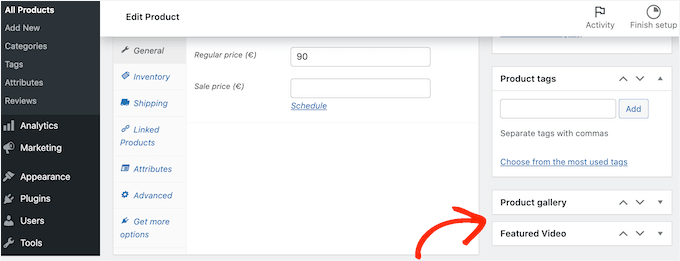 Inställningarna för utvald video på produktsidan