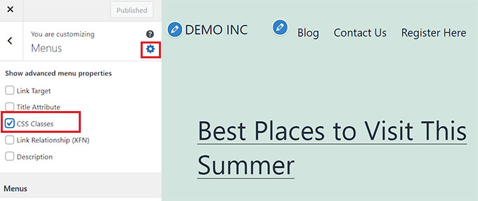 Check the CSS classes option Check the CSS classes option