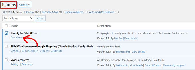 Disattiva il plugin difettoso
