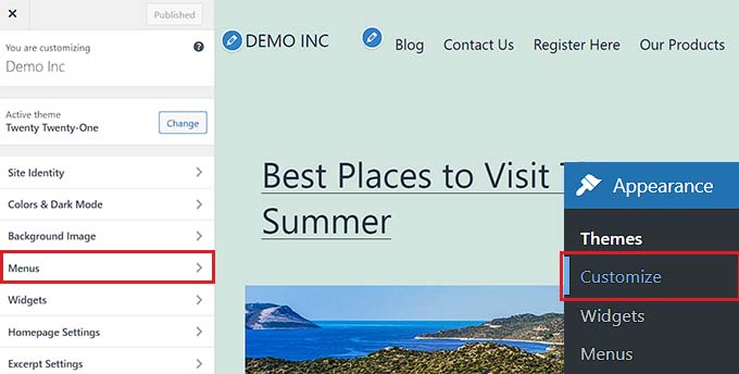 Expand the Menu tab in the theme customizer Expand the Menu tab in the theme customizer