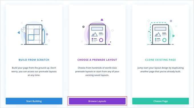 Choose the Browse Layouts Option in Divi Choose the Browse Layouts Option in Divi