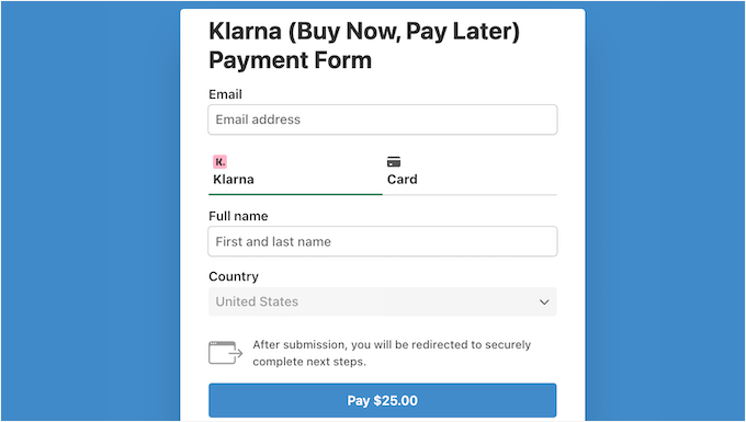 Klarna BNPL payment form