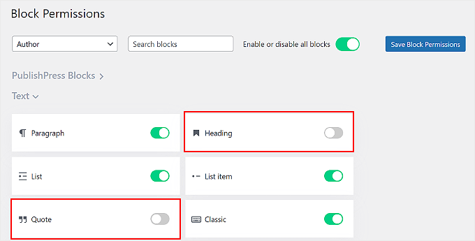 Setting Block Permissions example on PublishPress Blocks plugin Setting Block Permissions example on PublishPress Blocks plugin