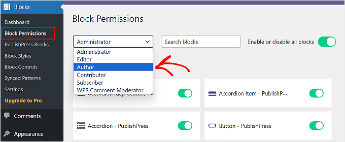 Selecting a user role to edit its block permissions on PublishPress Blocks plugin Selecting a user role to edit its block permissions on PublishPress Blocks plugin