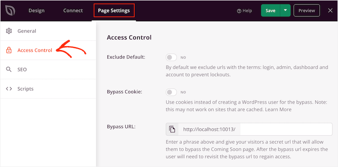 SeedProd's access control settings