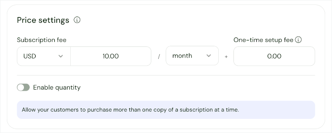 Price settings in Sellfy's subscription