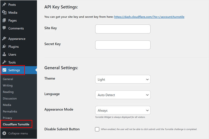 Simple Turnstile plugin settings Simple Turnstile plugin settings
