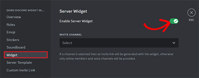 Toggle the enable server widget switch Toggle the enable server widget switch