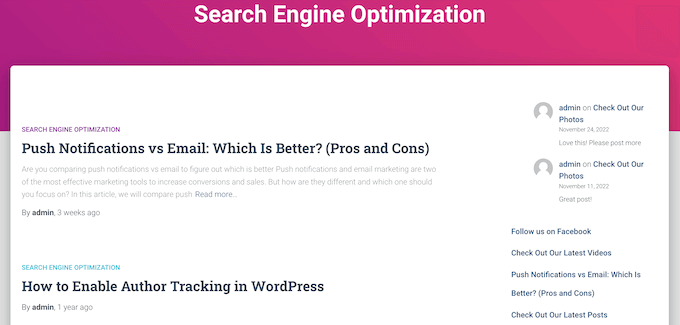 La página de archivo de categorías de WordPress