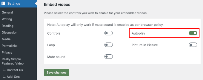Växeln för automatisk uppspelning av inbäddade videor