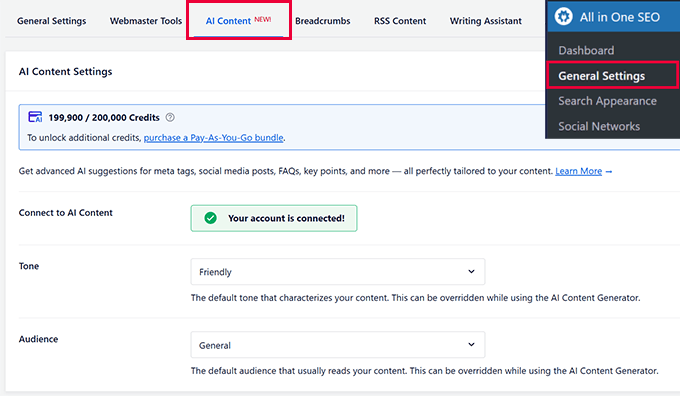 AI content settings in All in One SEO AI content settings in All in One SEO