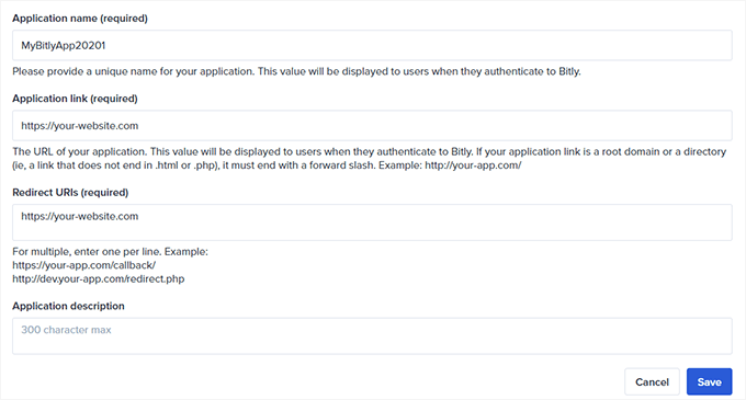 Bitly app details form Bitly app details form