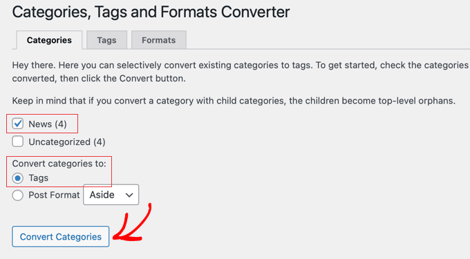 Seleccionar categorías para convertir en etiquetas en WordPress
