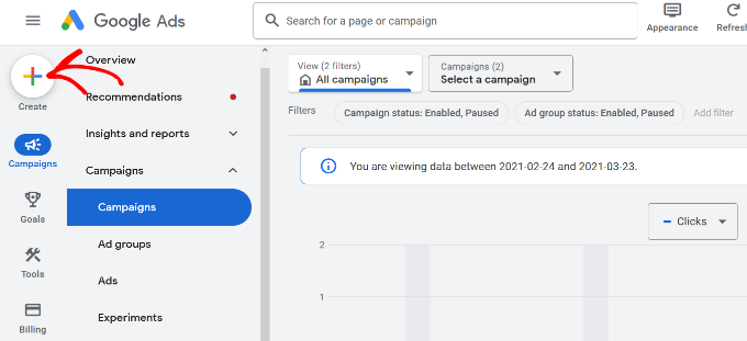 Click the plus sign in google ads Click the plus sign in google ads