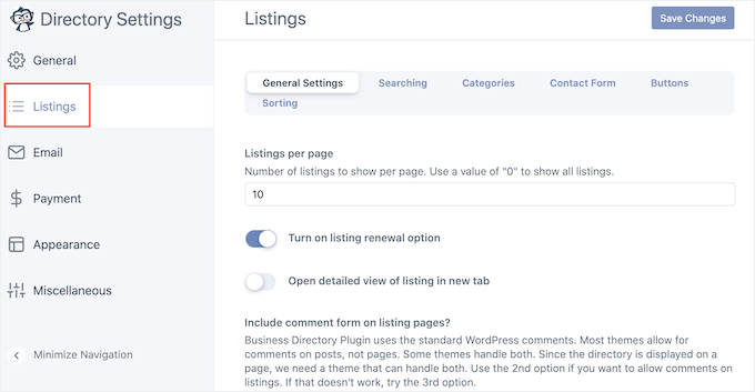 The Business Directory settings page The Business Directory settings page