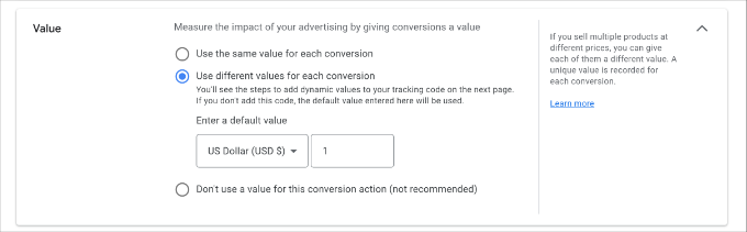 Enter conversion action value Enter conversion action value