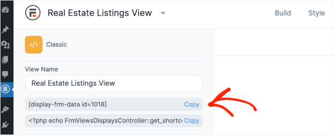 Copying the shortcode for a Formidable Forms view Copying the shortcode for a Formidable Forms view
