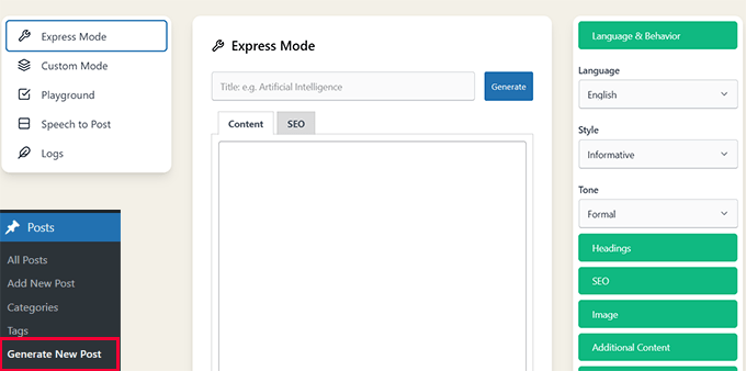 Generate content in express mode Generate content in express mode