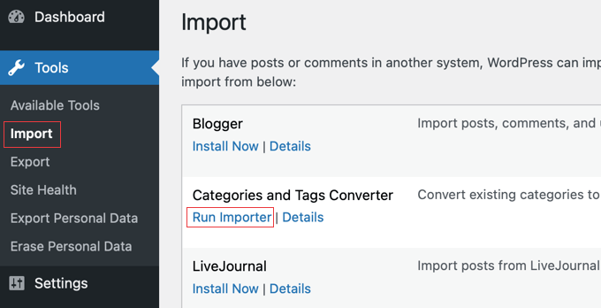 Ejecutar la herramienta convertidora de categorías y etiquetas en WordPress