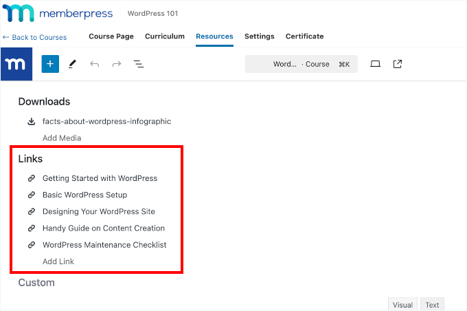 Dodawanie linków do mediów w kursach MemberPress