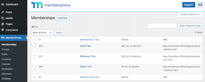 Membership tiers, in the MemberPress WordPress plugin Membership tiers, in the MemberPress WordPress plugin