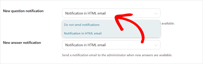 Configure the New question notification field settings Configure the New question notification field settings