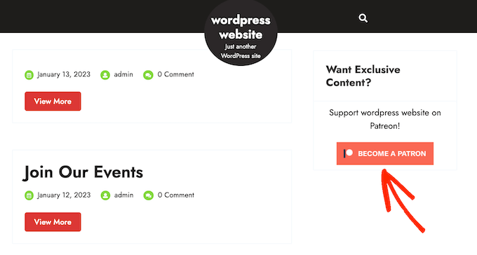 An example of a Patreon button, on a WordPress website An example of a Patreon button, on a WordPress website