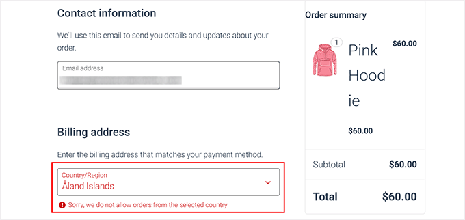 Mensaje de error de restricción de envío en WooCommerce