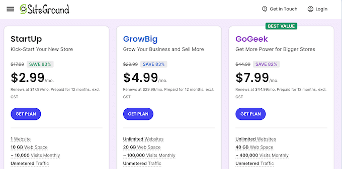 SiteGround's web hosting plans SiteGround's web hosting plans