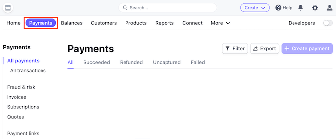 Enabling test mode in the Stripe dashboard Enabling test mode in the Stripe dashboard