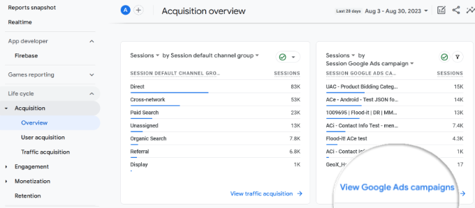 View google ads report View Google ads report in GA4