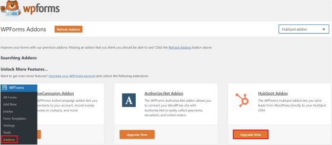 Click Upgrade Now button below HubSpot addon Click Upgrade Now button below HubSpot addon