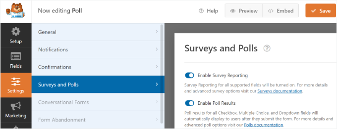 Enable survey and poll results option