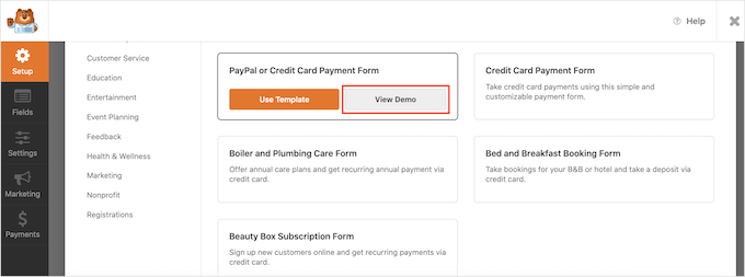 Previewing a credit card payment template Previewing a credit card payment template