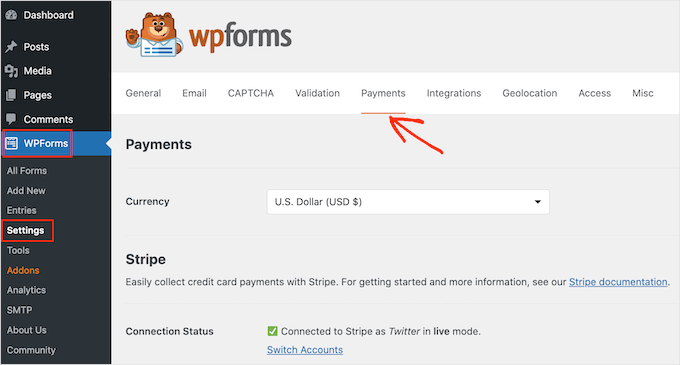 WPForms' payment settings WPForms' payment settings