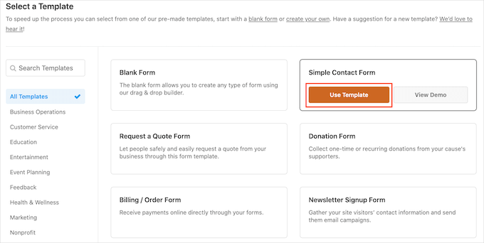 The WPForms Simple Contact template The WPForms Simple Contact template