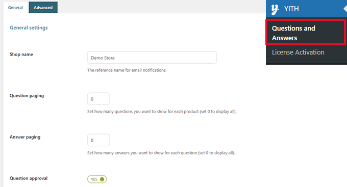 YITH Quiestions and Answers settings YITH Questions and Answers settings