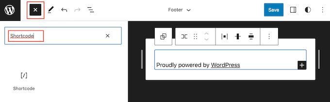 Aggiungere un blocco di shortcode al modello del footer utilizzando l'editor completo del sito