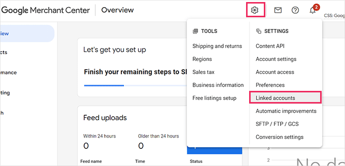 Clique na opção Contas Vinculadas em Configurações Clique na opção Contas Vinculadas em Configurações