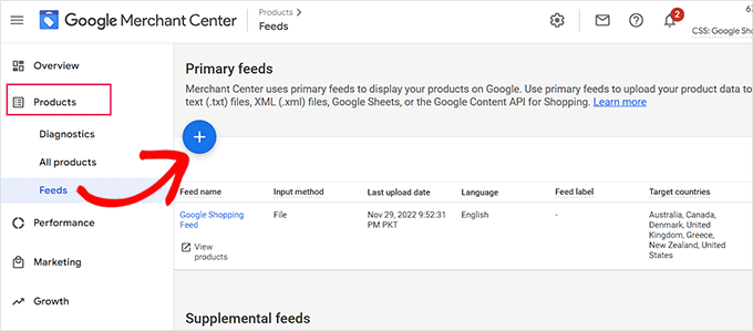 Clique no botão de mais para criar um feed Clique no botão de mais para criar um feed