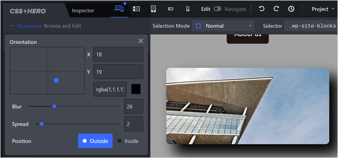 Customizing the shadow's blur, spread, and color in CSS Hero Customizing the shadow's blur, spread, and color in CSS Hero