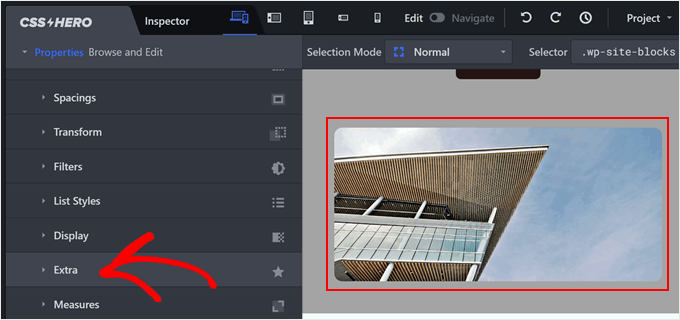 Opening the Extra menu in CSS Hero Opening the Extra menu in CSS Hero
