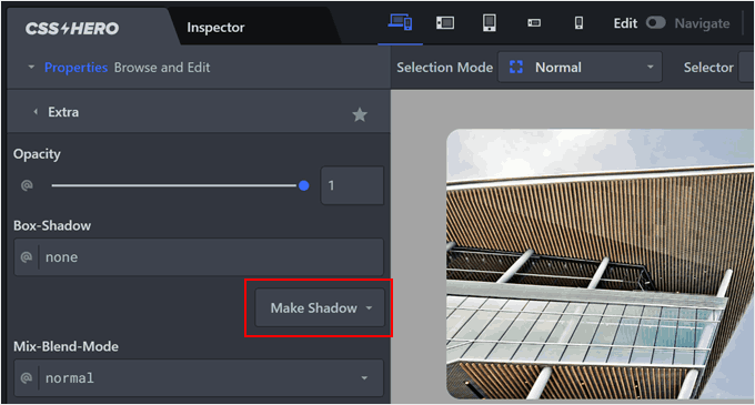 Clicking on the Menu Shadow setting in CSS Hero Clicking on the Menu Shadow setting in CSS Hero
