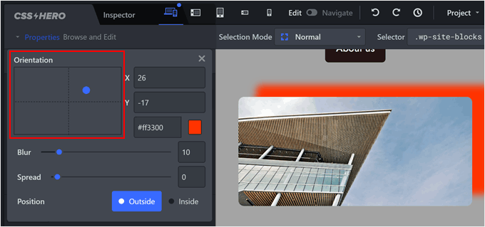 Customizing the shadow orientation in CSS Hero Customizing the shadow orientation in CSS Hero