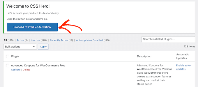 Activating the CSS Hero WordPress plugin Activating the CSS Hero WordPress plugin
